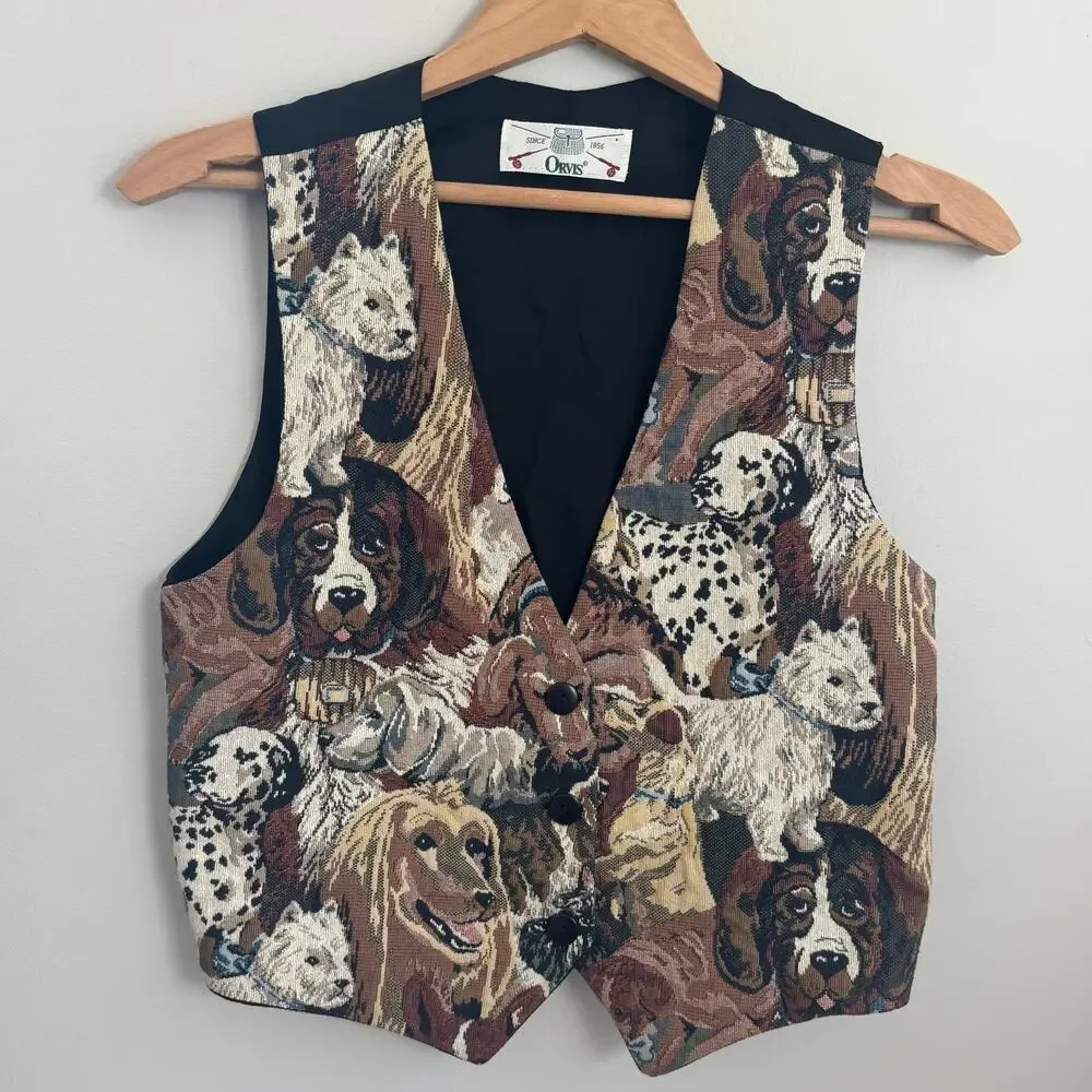 Vintage Orvis Dog Print Tapestry Vest Size Small - Picture 1 of 12
